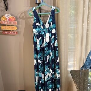 Navy and Teal Leaf Print Maxi Dress
